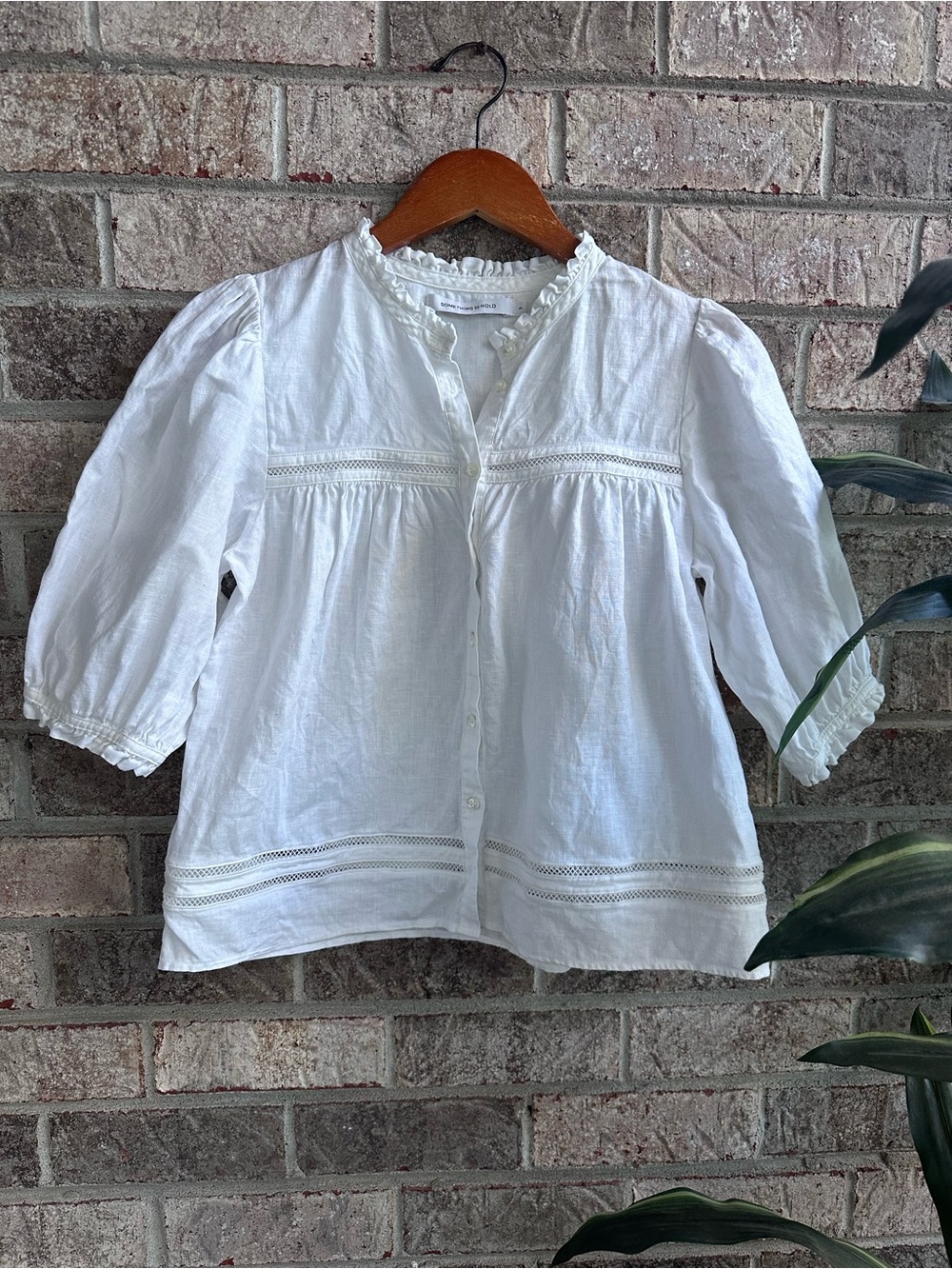 Doen Vibes Cottagecore Classic White Line Button-Front Blouse Lace Trim Small